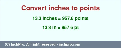 13.3 inches to pt is equal to 957.6 (pt) Result converting 13.3 inches to pt = 957.6 points