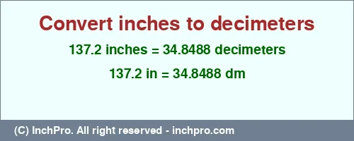 137.2 inches to dm is equal to 34.8488 (dm) Result converting 137.2 inches to dm = 34.8488 decimeters