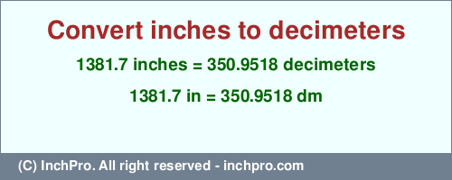 1381.7 inches to dm is equal to 350.9518 (dm) Result converting 1381.7 inches to dm = 350.9518 decimeters