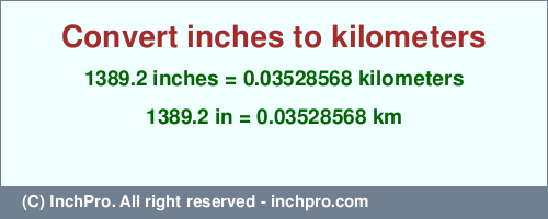 Result converting 1389.2 inches to km = 0.03528568 kilometers