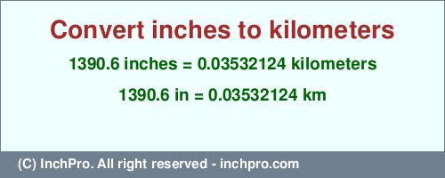 Result converting 1390.6 inches to km = 0.03532124 kilometers