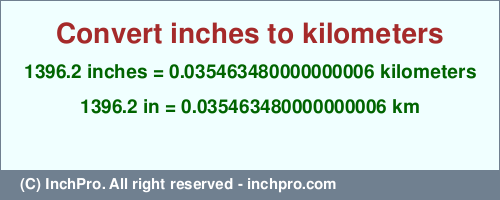 Result converting 1396.2 inches to km = 0.035463480000000006 kilometers