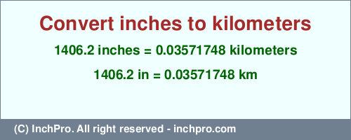 Result converting 1406.2 inches to km = 0.03571748 kilometers