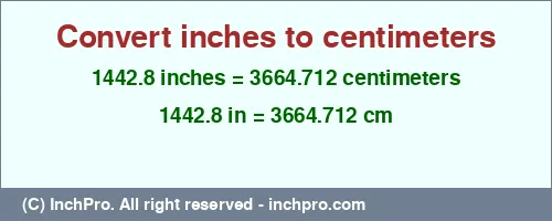 1442.8 inches to cm is equal to 3664.712 (cm) Result converting 1442.8 inches to cm = 3664.712 centimeters