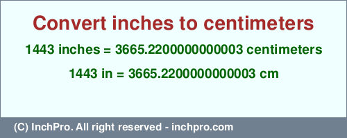 Result converting 1443 inches to cm = 3665.2200000000003 centimeters
