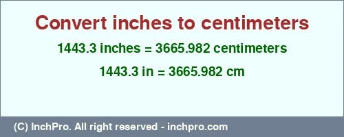 Result converting 1443.3 inches to cm = 3665.982 centimeters