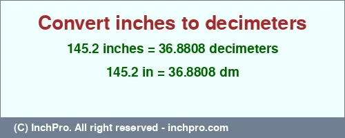 145.2 inches to dm is equal to 36.8808 (dm) Result converting 145.2 inches to dm = 36.8808 decimeters