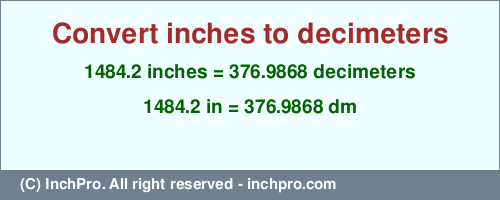 1484.2 inches to dm is equal to 376.9868 (dm) Result converting 1484.2 inches to dm = 376.9868 decimeters