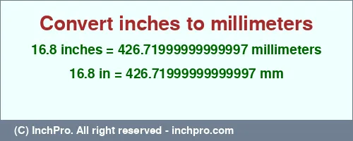 16.8 inches to mm is equal to 426.71999999999997 (mm) Result converting 16.8 inches to mm = 426.71999999999997 millimeters