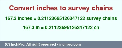 167.3 inches to ch is equal to 0.21123695126347122 (ch) Result converting 167.3 inches to ch = 0.21123695126347122 survey chains