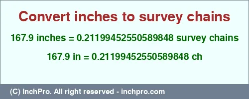 167.9 inches to ch is equal to 0.21199452550589848 (ch) Result converting 167.9 inches to ch = 0.21199452550589848 survey chains