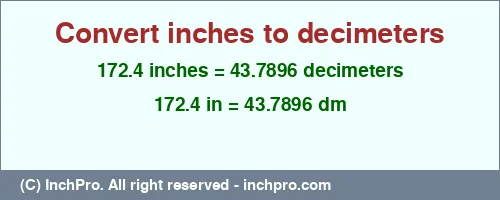 172.4 inches to dm is equal to 43.7896 (dm) Result converting 172.4 inches to dm = 43.7896 decimeters