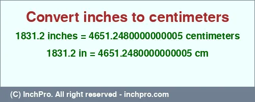 Result converting 1831.2 inches to cm = 4651.2480000000005 centimeters