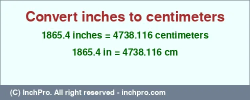 1865.4 inches to cm is equal to 4738.116 (cm) Result converting 1865.4 inches to cm = 4738.116 centimeters
