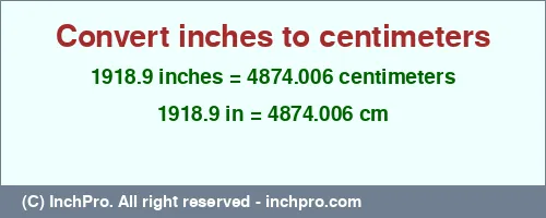 1918.9 inches to cm is equal to 4874.006 (cm) Result converting 1918.9 inches to cm = 4874.006 centimeters
