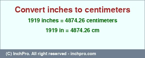1919 inches to cm is equal to 4874.26 (cm) Result converting 1919 inches to cm = 4874.26 centimeters