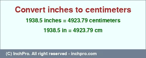 1938.5 inches to cm is equal to 4923.79 (cm) Result converting 1938.5 inches to cm = 4923.79 centimeters