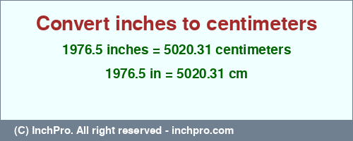 1976.5 inches to cm is equal to 5020.31 (cm) Result converting 1976.5 inches to cm = 5020.31 centimeters
