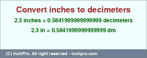 2.3 inches to dm is equal to 0.5841999999999999 (dm) Result converting 2.3 inches to dm = 0.5841999999999999 decimeters