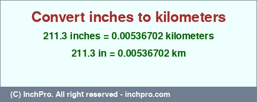 211.3 inches to km is equal to 0.00536702 (km) Result converting 211.3 inches to km = 0.00536702 kilometers