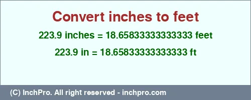 223.9 inches to ft is equal to 18.65833333333333 (ft) Result converting 223.9 inches to ft = 18.65833333333333 feet