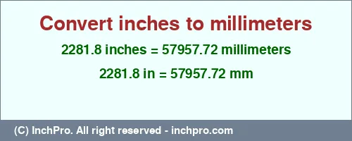 Result converting 2281.8 inches to mm = 57957.72 millimeters