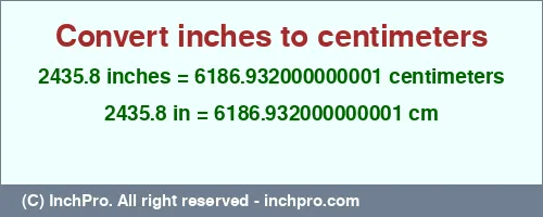 Result converting 2435.8 inches to cm = 6186.932000000001 centimeters