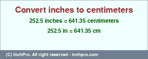 Result converting 252.5 inches to cm = 641.35 centimeters