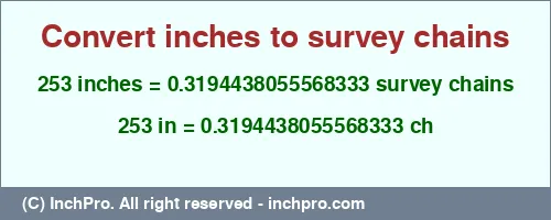 253 inches to ch is equal to 0.3194438055568333 (ch) Result converting 253 inches to ch = 0.3194438055568333 survey chains