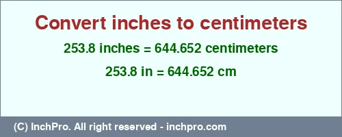 253.8 inches to cm is equal to 644.652 (cm) Result converting 253.8 inches to cm = 644.652 centimeters