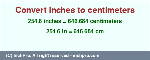 254.6 inches to cm is equal to 646.684 (cm) Result converting 254.6 inches to cm = 646.684 centimeters
