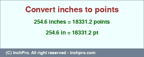 254.6 inches to pt is equal to 18331.2 (pt) Result converting 254.6 inches to pt = 18331.2 points