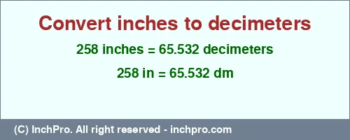 Result converting 258 inches to dm = 65.532 decimeters