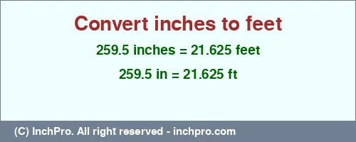 259.5 inches to ft is equal to 21.625 (ft) Result converting 259.5 inches to ft = 21.625 feet