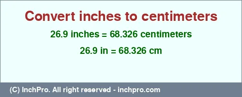 26.9 inches to cm is equal to 68.326 (cm) Result converting 26.9 inches to cm = 68.326 centimeters