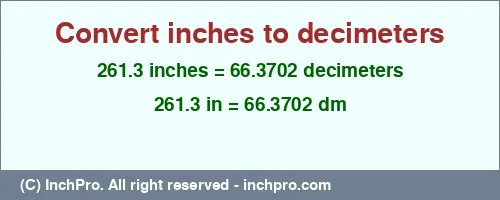 Result converting 261.3 inches to dm = 66.3702 decimeters