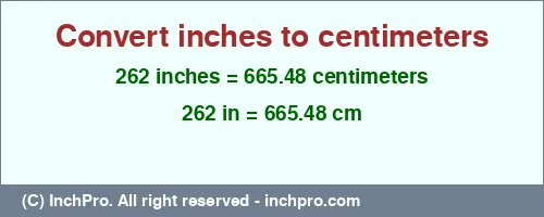 262 inches to cm is equal to 665.48 (cm) Result converting 262 inches to cm = 665.48 centimeters
