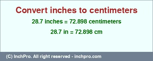 28.7 inches to cm is equal to 72.898 (cm) Result converting 28.7 inches to cm = 72.898 centimeters