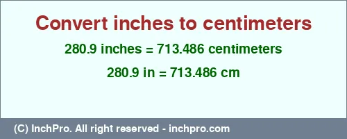 280.9 inches to cm is equal to 713.486 (cm) Result converting 280.9 inches to cm = 713.486 centimeters