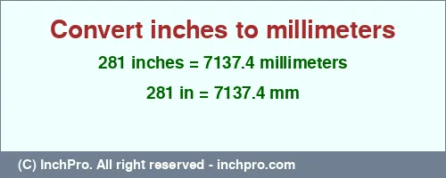 281 inches to mm is equal to 7137.4 (mm) Result converting 281 inches to mm = 7137.4 millimeters