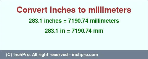 283.1 inches to mm is equal to 7190.74 (mm) Result converting 283.1 inches to mm = 7190.74 millimeters