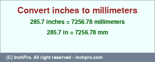 285.7 inches to mm is equal to 7256.78 (mm) Result converting 285.7 inches to mm = 7256.78 millimeters