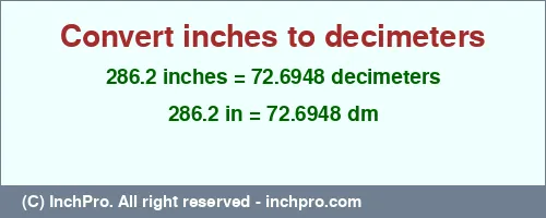 286.2 inches to dm is equal to 72.6948 (dm) Result converting 286.2 inches to dm = 72.6948 decimeters