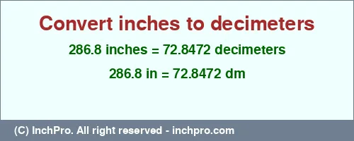286.8 inches to dm is equal to 72.8472 (dm) Result converting 286.8 inches to dm = 72.8472 decimeters