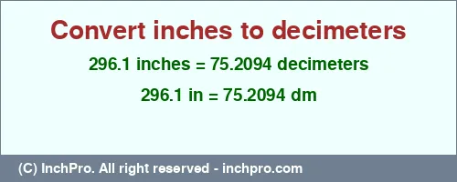 296.1 inches to dm is equal to 75.2094 (dm) Result converting 296.1 inches to dm = 75.2094 decimeters