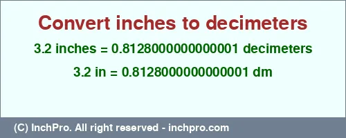 3.2 inches to dm is equal to 0.8128000000000001 (dm) Result converting 3.2 inches to dm = 0.8128000000000001 decimeters