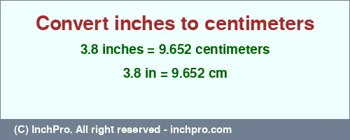 Result converting 3.8 inches to cm = 9.652 centimeters