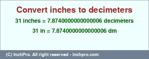 31 inches to dm is equal to 7.8740000000000006 (dm) Result converting 31 inches to dm = 7.8740000000000006 decimeters