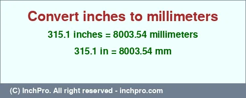 315.1 inches to mm is equal to 8003.54 (mm) Result converting 315.1 inches to mm = 8003.54 millimeters