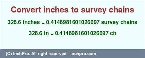 328.6 inches to ch is equal to 0.4148981601026697 (ch) Result converting 328.6 inches to ch = 0.4148981601026697 survey chains